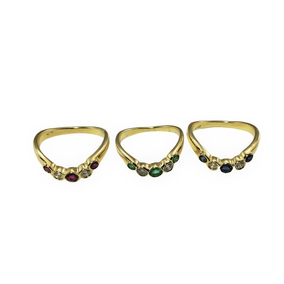 Vintage Set of 3 14K Yellow Gold Ruby/Emerald/Sapphire and Diamond Ring #12027 - Picture 2 of 8